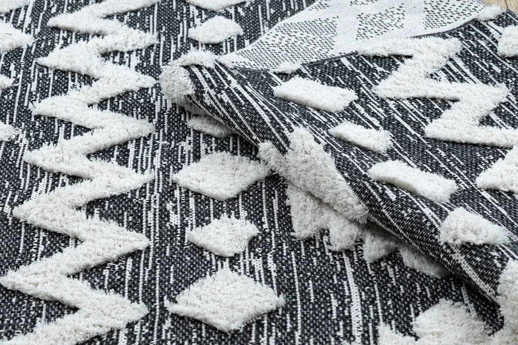 Covor ECO SISAL BOHO MOROC Etno Zig zag 22319 franjuri - două niveluri de lână gri / cremă, covor reciclat