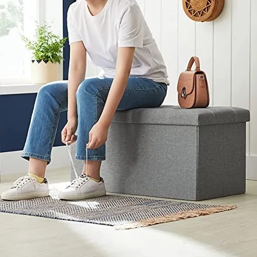 Bancheta polivalenta cu capac, MDF / textil, gri, Songmics
