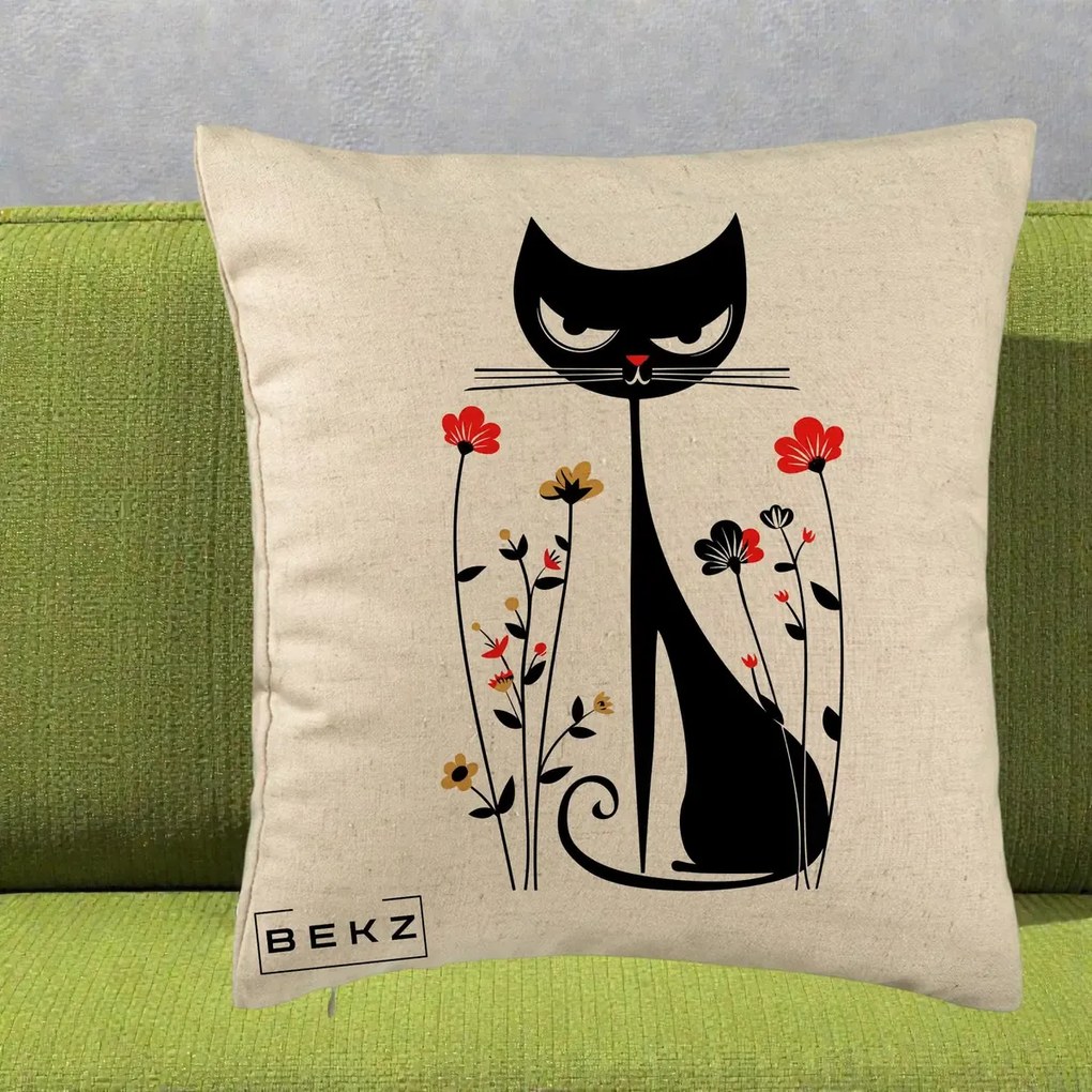 Perna Decorativa Pisica Neagra Grafica Flori Rosii, 40x40 cm, Bej, Husa Detasabila, Perna Inclusa, BEKZ®