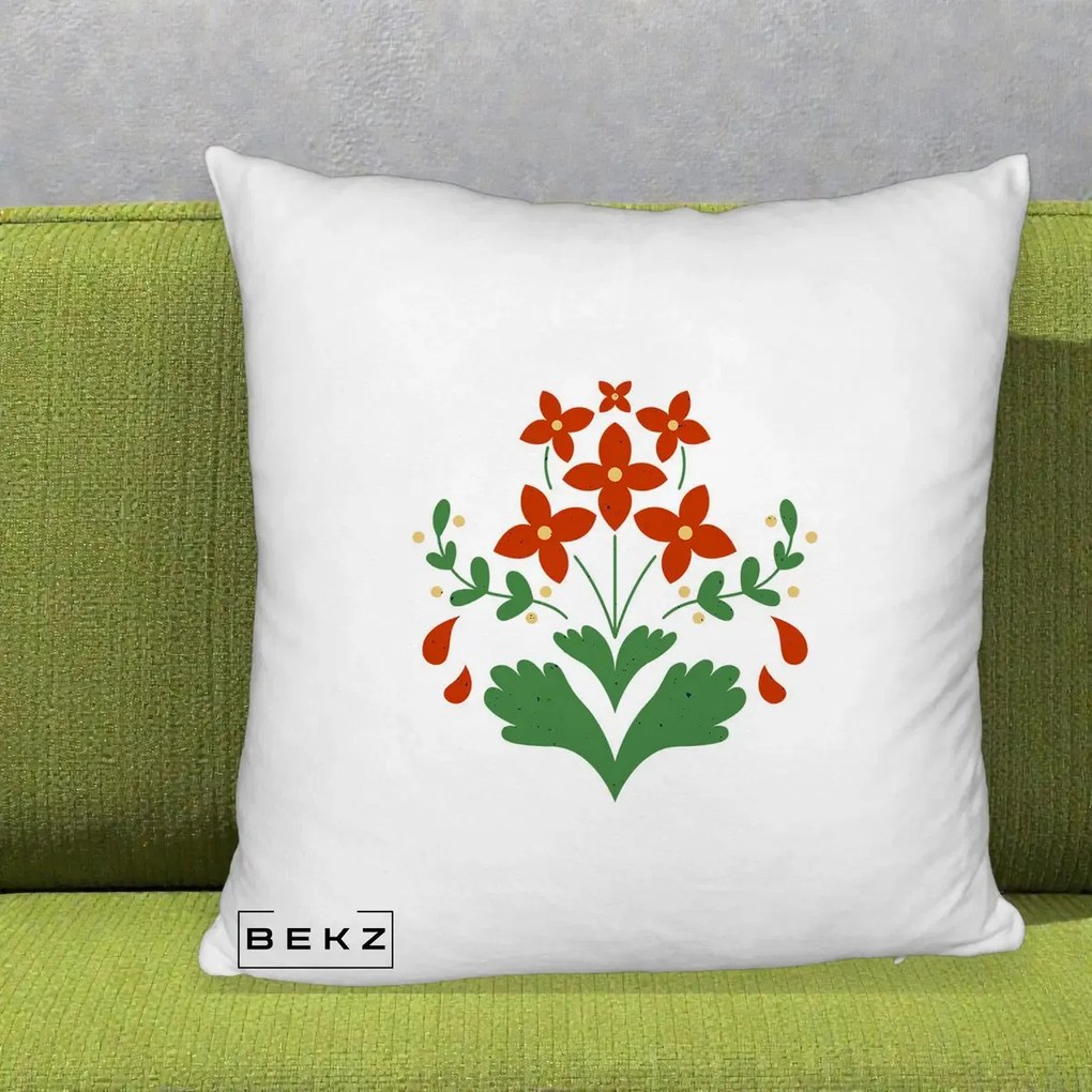 Perna Decorativa Buchet Floral Folk Rosu-Verde, 40x40 cm, Alb Pufos, Husa Detasabila, Perna Inclusa, BEKZ®