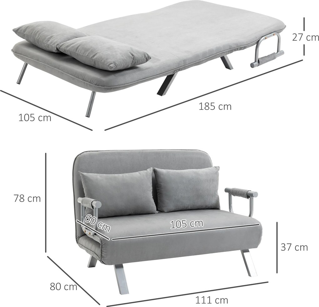 HOMCOM Canapea Pat de 2 Locuri cu Spătar Reglabil pe 5 Nivele, Canapea Pat Pliabilă cu 2 Perne, 105x80x78 cm, Gri Deschis | Aosom Romania
