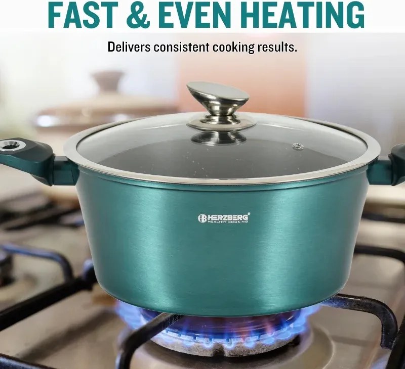 Set oale si tigai Herzberg HG-METBL15, 15 piese, Aluminiu 3003, Acoperire marmura, Capace din sticla, Inductie, Verde albastru