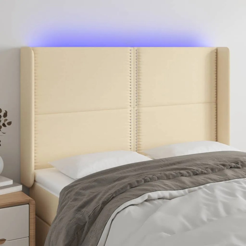 vidaXL Tăblie de pat cu LED, crem, 147x16x118/128 cm, textil