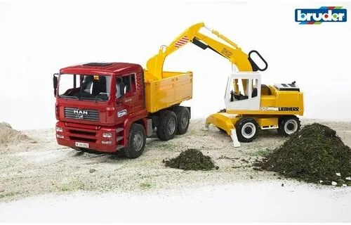 Camion Bruder MAN TGA cu excavator Liebherr, 1:16,73 x 18,5 x 23 cm