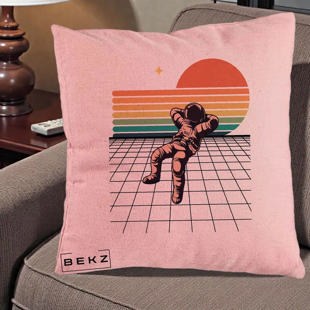 Perna Decorativa Astronaut Retro Space, 40x40 cm, Roz, Husa Detasabila, Perna Inclusa, BEKZ®