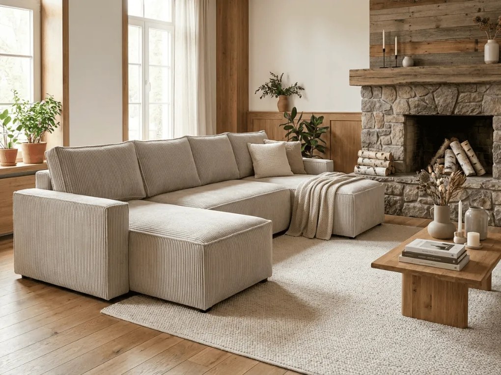 OFERTA Set mobilier coltar in forma de U SMART COSARO bej deschis 295x140 cm clasa a II-a