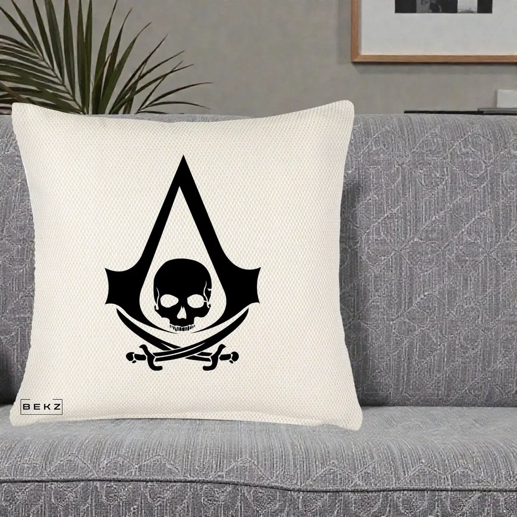 Perna Personalizata Assassin's Creed Black Flag Skull, 40x40 cm, Crem Reliefat, Husa Detasabila, Perna Inclusa, BEKZ®