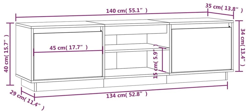 Comoda TV, maro miere, 140x35x40 cm, lemn masiv de pin