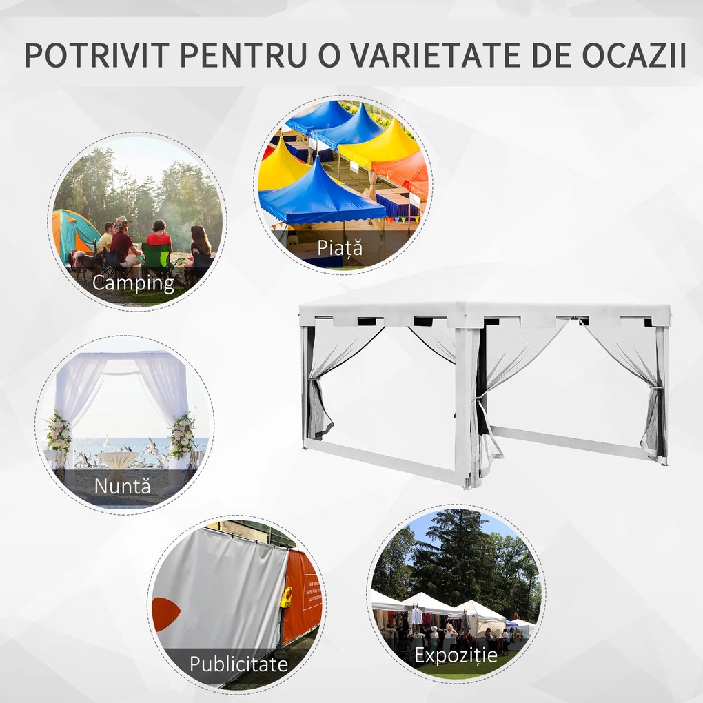 Outsunny Foisor 4x3 m cu Plasa de Tantari si 2 Intrari, Foisor de Gradina din Metal si PE, Alb si Negru