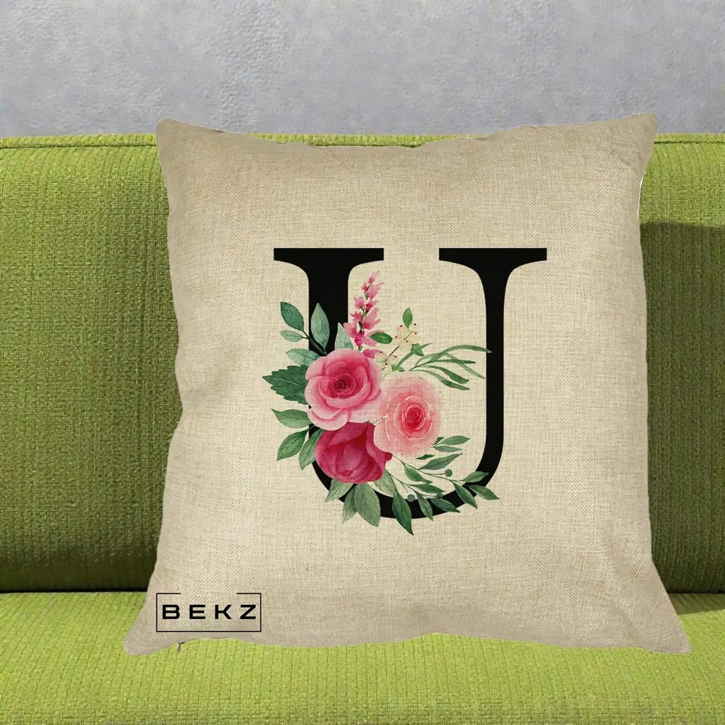 Cadou Personalizat - Perna Personalizata Monograma Florala Litera U, 40x40 cm, Crem, Husa Detasabila, Perna Inclusa, BEKZ®