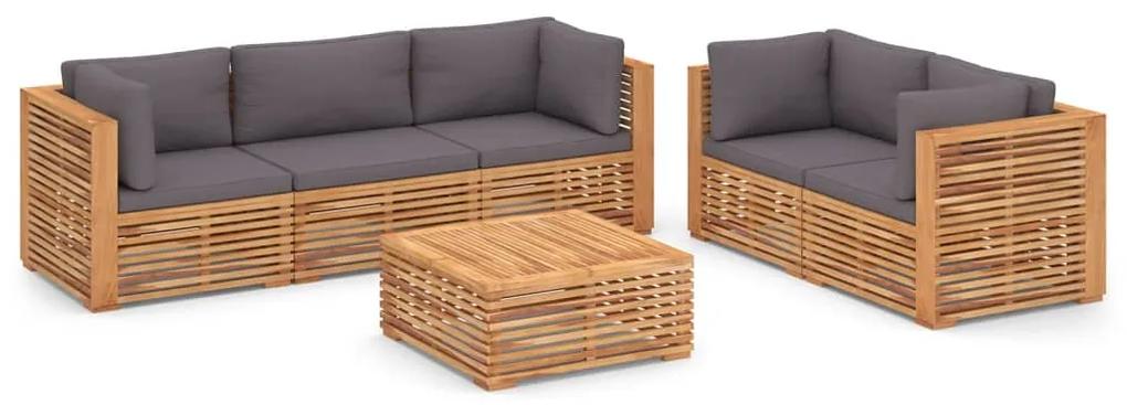 Set mobilier gradina cu perne gri inchis 6 piese lemn masiv tec Morke gra, 4x colt + mijloc + masa