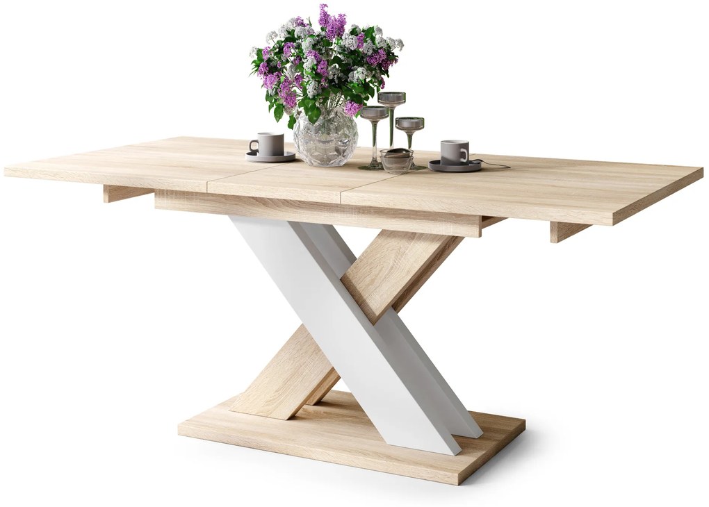 Mazzoni KARO Stejar Sonoma/Alb Mat – MASĂ/MĂSUȚĂ DE CAFEA MODERNĂ CU BLAT EXTENSIBIL până la 180 cm
