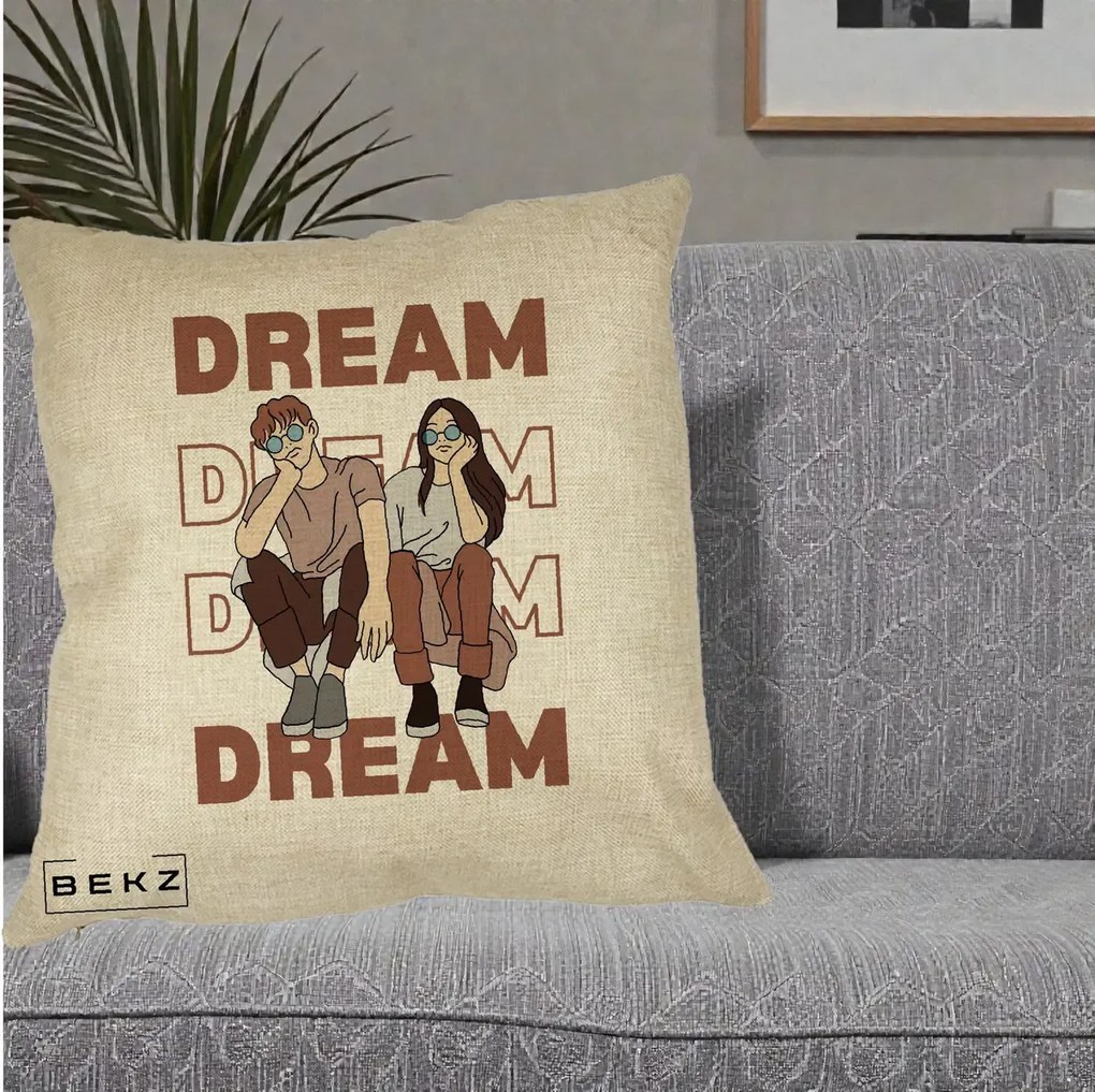 Perna Decorativa Dream Couple Aesthetic, 40x40 cm, Crem, Husa Detasabila, Perna Inclusa, BEKZ®
