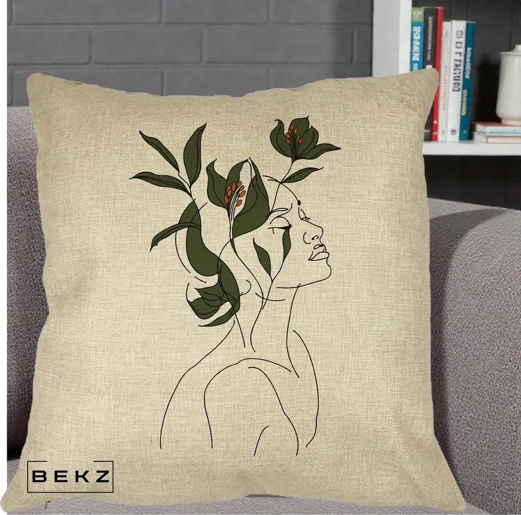 Perna Decorativa Portret Feminin Crin Verde, 40x40 cm, Crem, Husa Detasabila, Perna Inclusa, BEKZ®