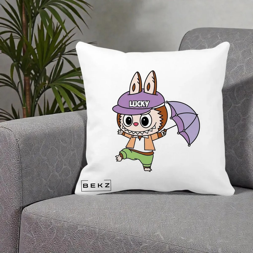Perna Personalizata Labubu Lucky cu Umbrela, 40x40 cm, Alba Mata, Husa Detasabila, Perna Inclusa, BEKZ®