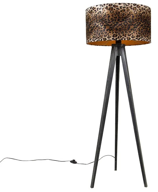 Lampa de podea trepied negru cu abajur leopard 50 cm - Tripod Classic