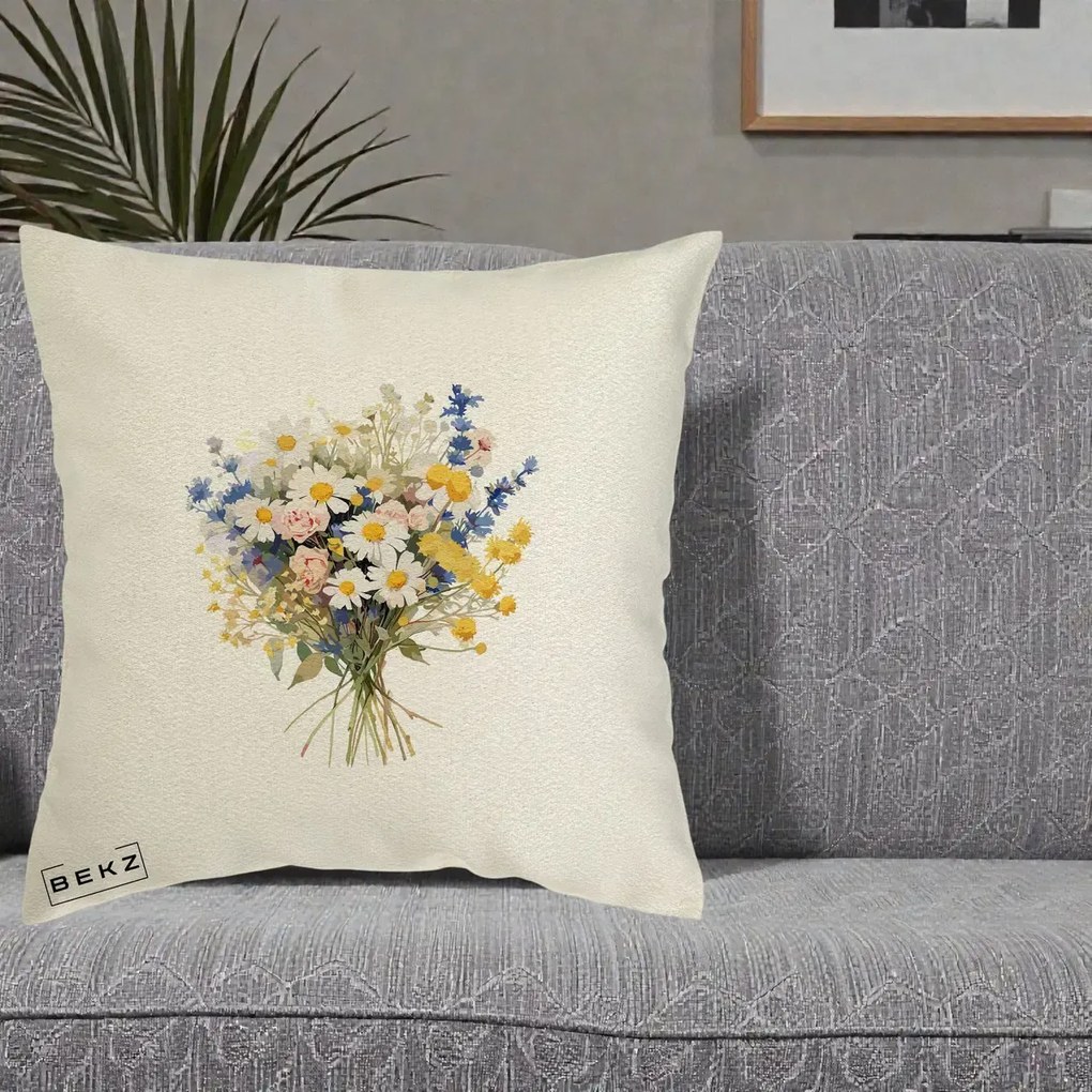 Perna Decorativa Buchet Camp Acuarela Margarete-Lavanda, 40x40 cm, Ecru, Husa Detasabila, Perna Inclusa, BEKZ®