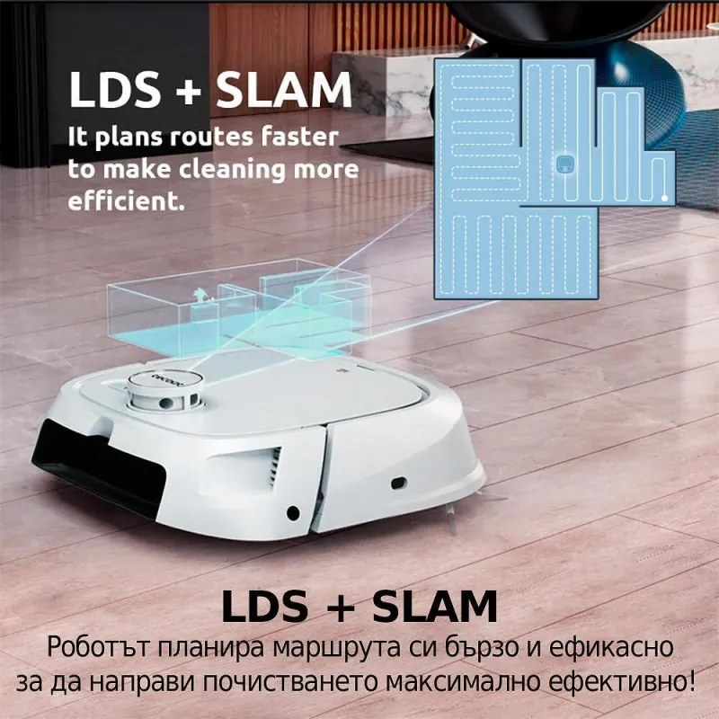 Robot aspirator Tecbot M1, Li-ion 5200 mAh, 4000 Pa, 0.5 l, HEPA, Wi-Fi, Autonomie pana la 160 min, Mop cu mop cu auto-curatare, Alb