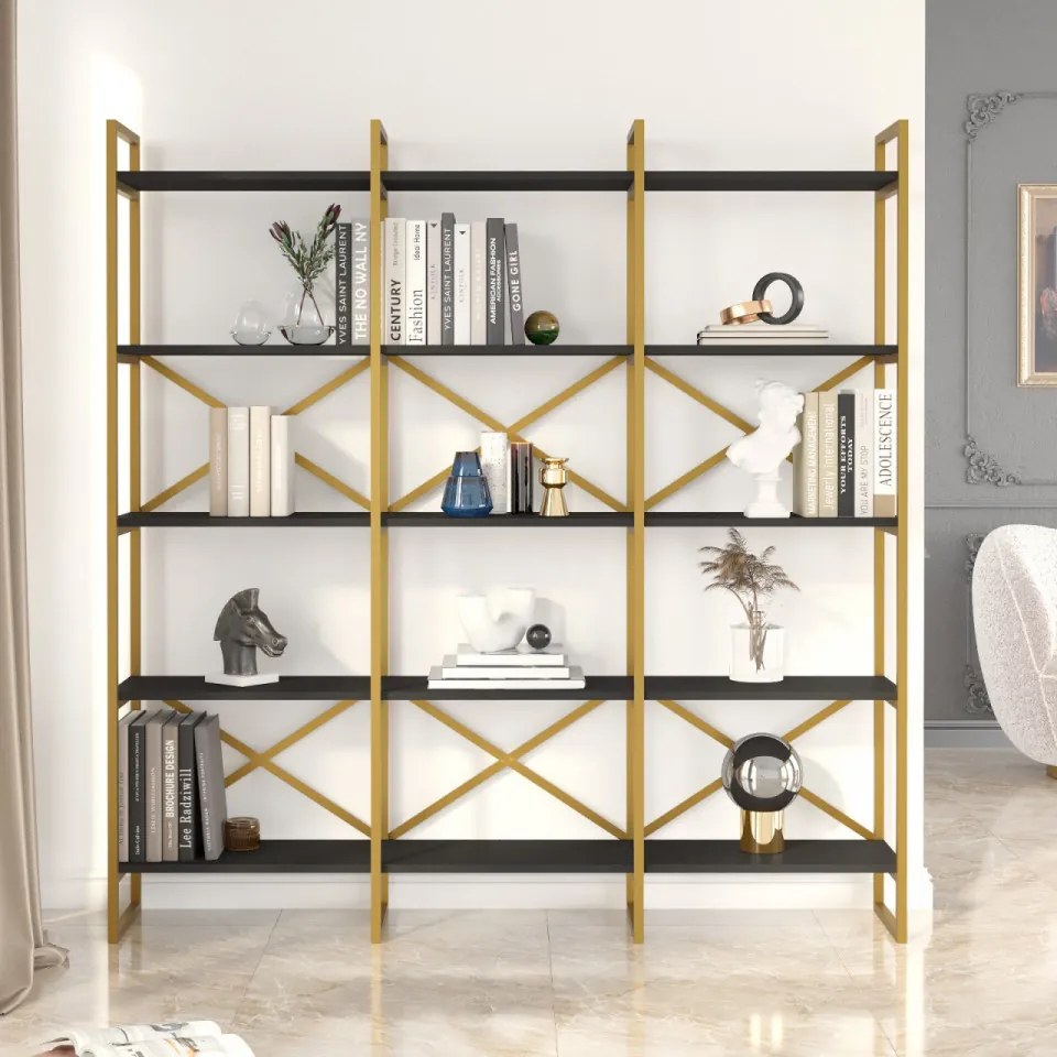 Biblioteca Living VG6-LB, PAL Melaminat, Negru / Auriu