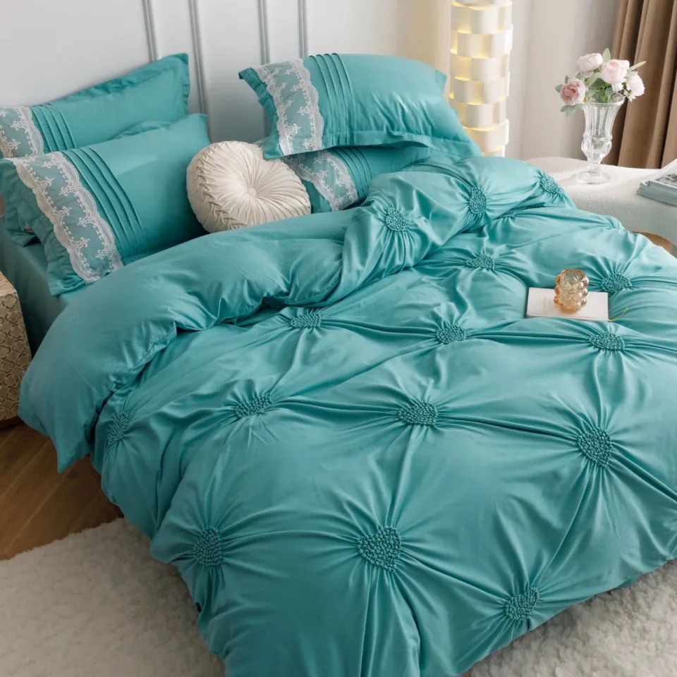 Lenjerie de pat uni cu pliuri si broderie, bumbac tip finet, 6 piese, pat 2 persoane, turquoise, FNJS-56