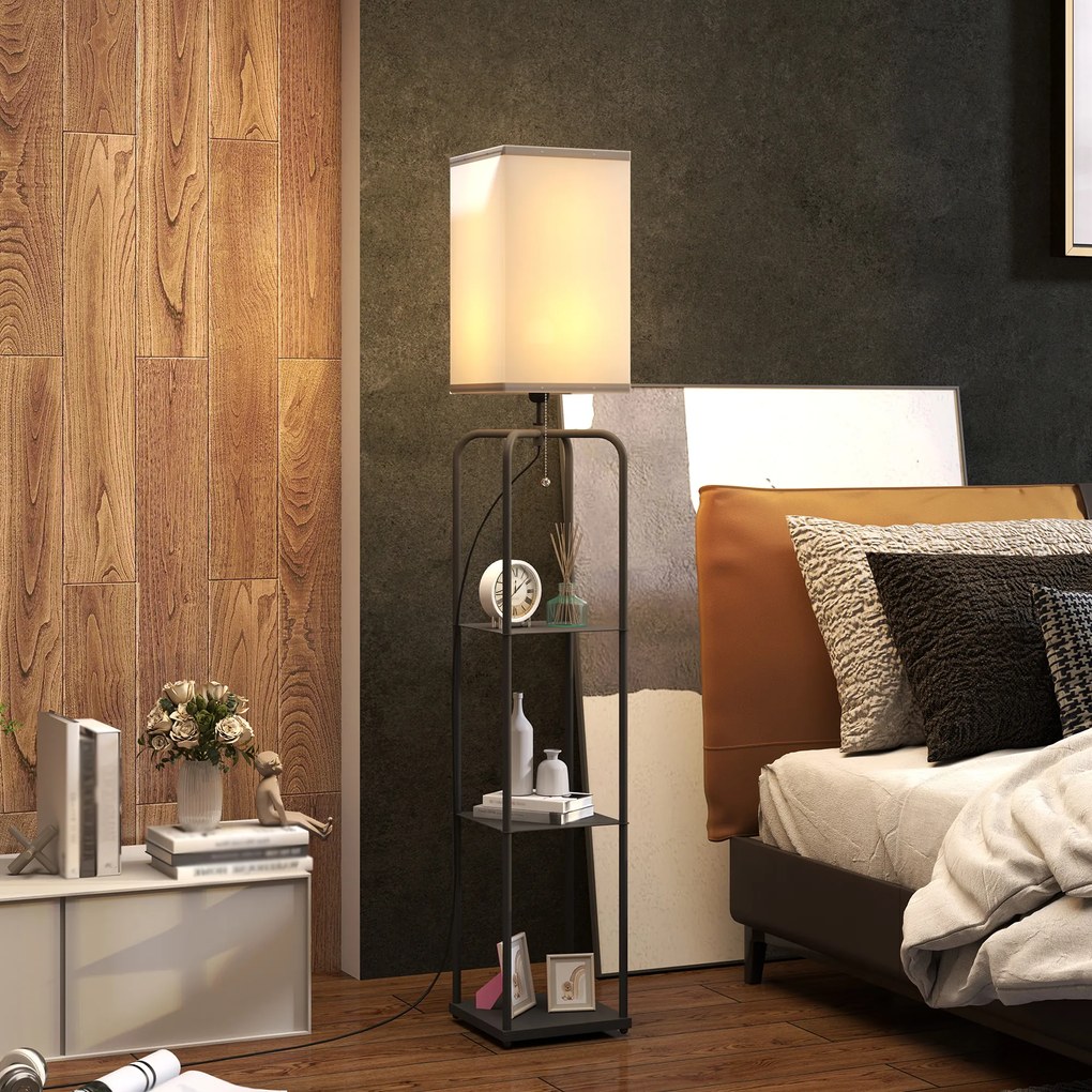 HOMCOM Lampadar de salon cu rafturi, abajur din material textil, comutator cu lant pentru salon, camera de dormit | Aosom Romania