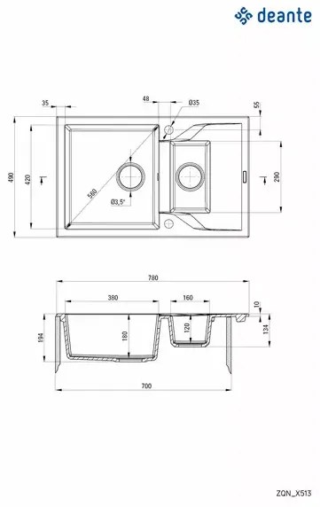 Chiuveta granit Deante Andante 1 cuva cu picurator 49x78 nisip