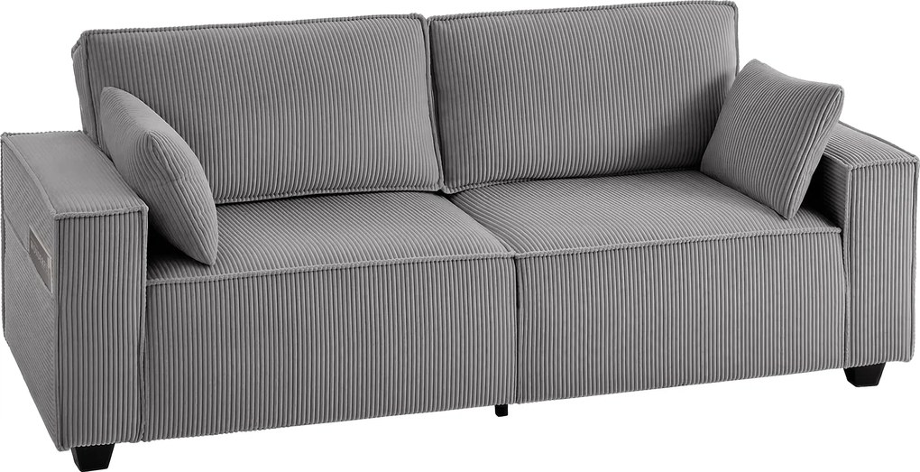 HOMCOM Canapea 3 locuri 218 cm, canapea modernă côtelată cu tapițerie cu arcuri în buzunar, brațe late și 2 perne, gri deschis | Aosom Romania