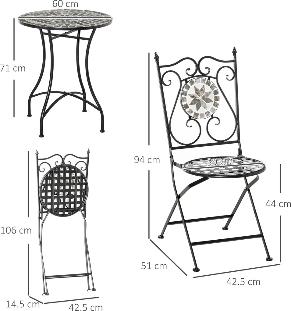 Outsunny Set grădină pentru 2 persoane Set mobilier balcon Masă mozaic+scaune pliabile Metal Placă ceramică Multicolor | Aosom Romania
