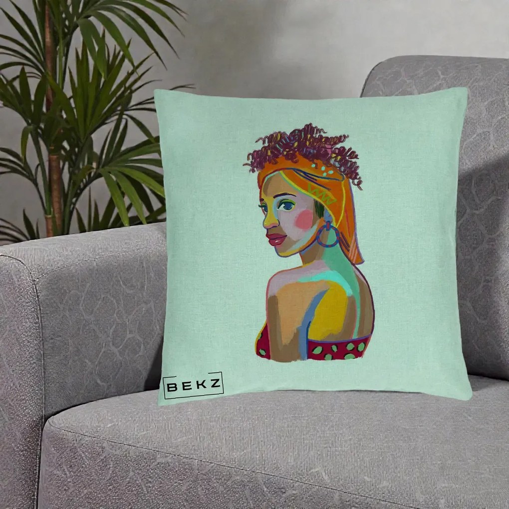 Perna Decorativa Portret Femeie Colorat Pop Art, 40x40 cm, Verde Menta, Husa Detasabila, Perna Inclusa, BEKZ®