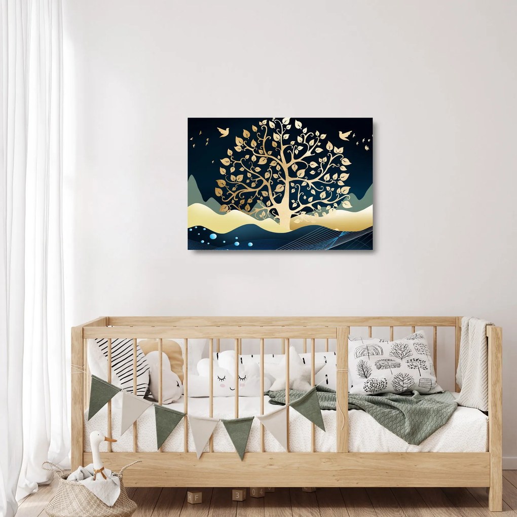 Tablou pe sticlă cu copac auriu (70x50 cm)