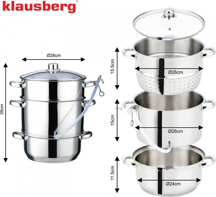 Extractor de suc Klausberg KB 9032, 28 cm, 8 litri, 4 piese, pentru plite cu inducție, din oțel inoxidabil