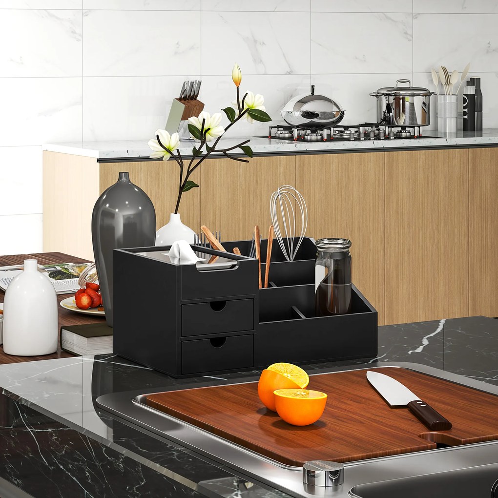 HOMCOM Cutie de Depozitare de Birou - Organizator de Birou - 7 Compartimente, 2 sertare - Bambus Lacuit Negru | Aosom Romania