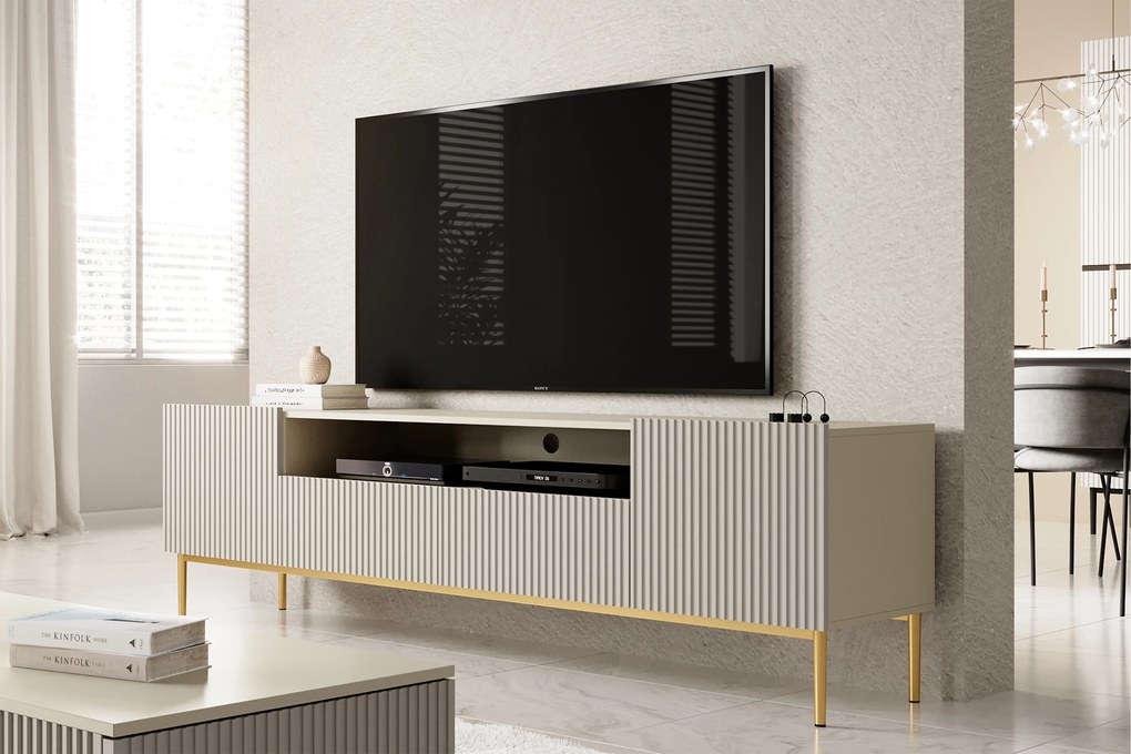 Comodă TV Nicole 200 cm cu nișă și sertare – cashmere / picioare aurii