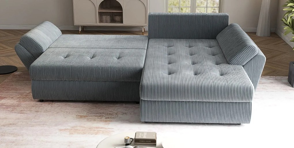 Colțar extensibil dumonde cu ladă de depozitare si sezut confortabil din spuma high-density, Loana Zoom Grey II 270x185 cm