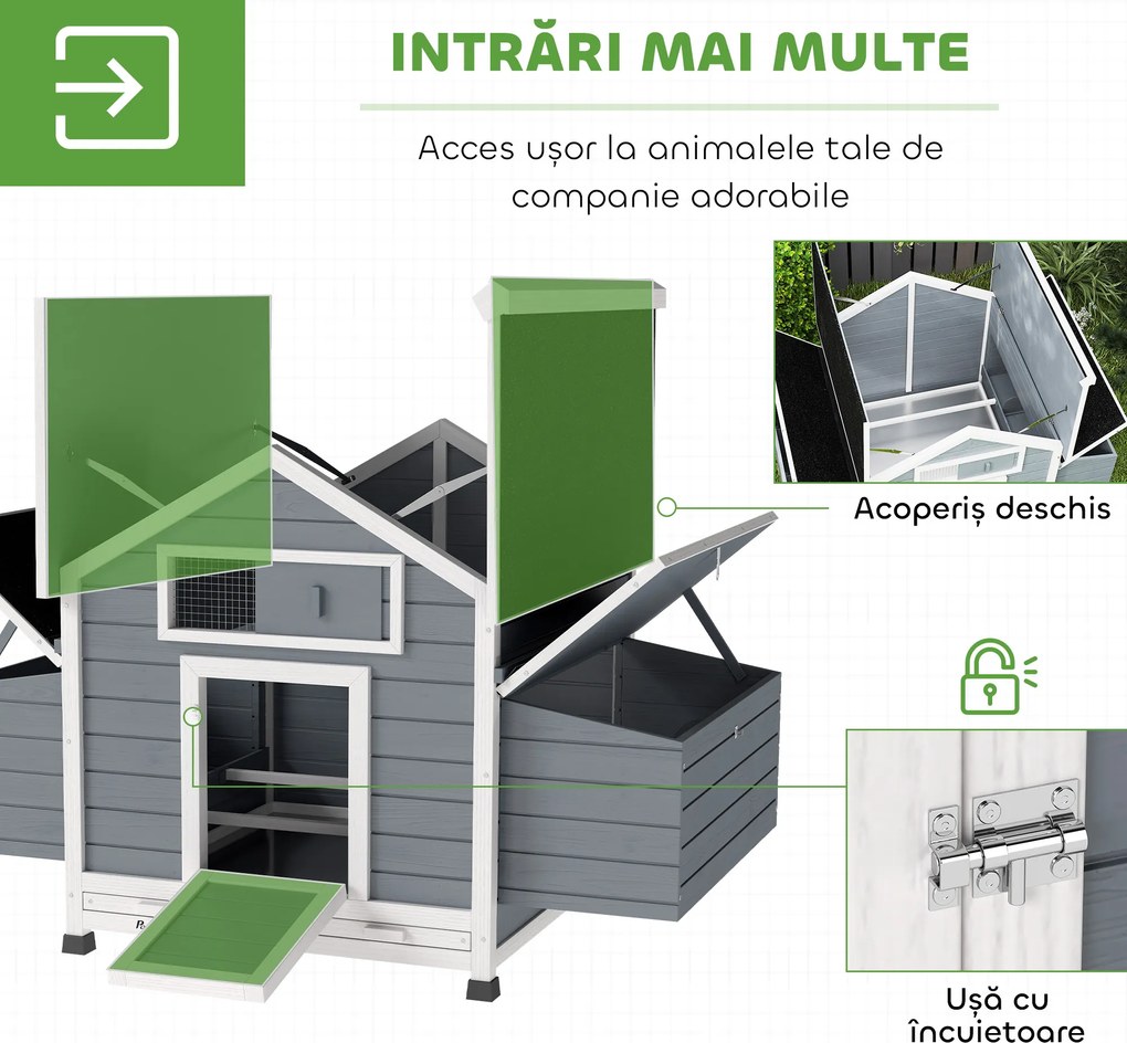 PawHut Coteț din Lemn cu 2 Cuiburi, Coteț Exterior pentru Găini cu Acoperiș Rezistent la Apă, Tavă Detașabilă și Prăjini, Adăpost pentru 2-4 Găini, Rațe, Grădină, 150x100x96,5 cm, Gri | Aosom Romania