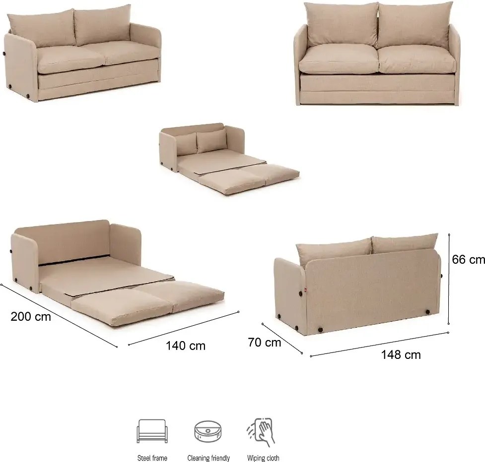 Canapea extensibila 2 locuri moderna, 200x148 cm – stofa bej – Saga