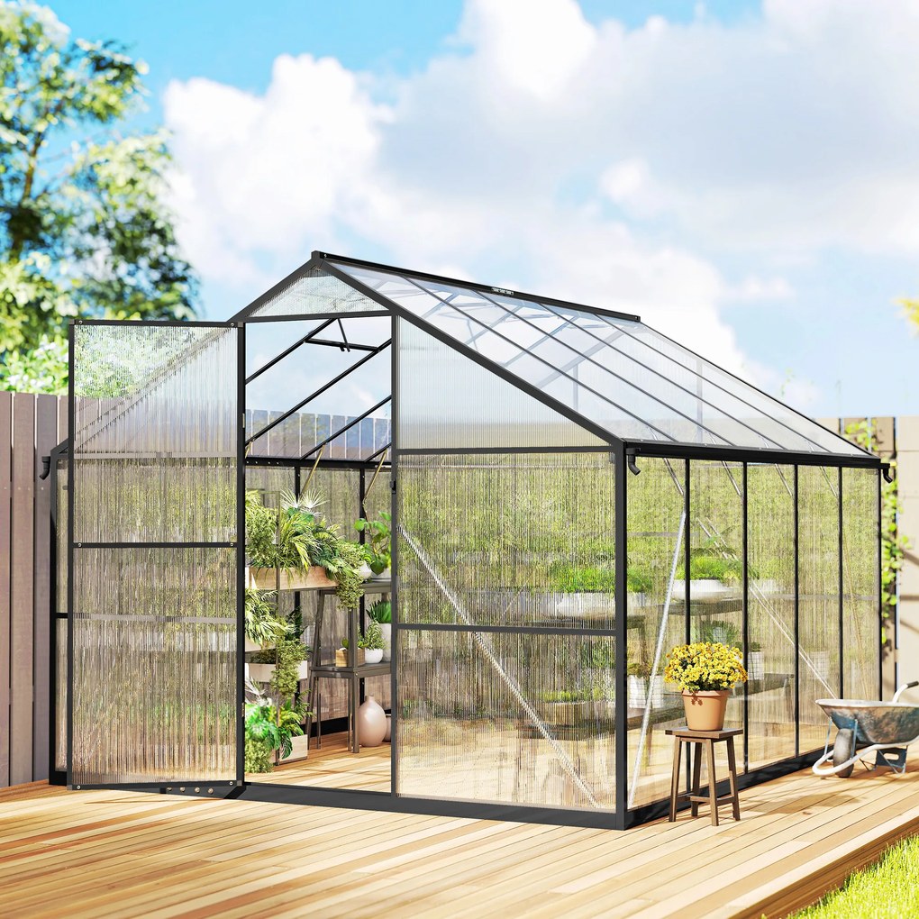 Seră de grădină Outsunny din aluminiu și policarbonat, 7,5㎡, cu ușă cu balamale, 2 ferestre reglabile, sistem de drenaj, anti-UV, 304x247x205cm, negru | Aosom Romania