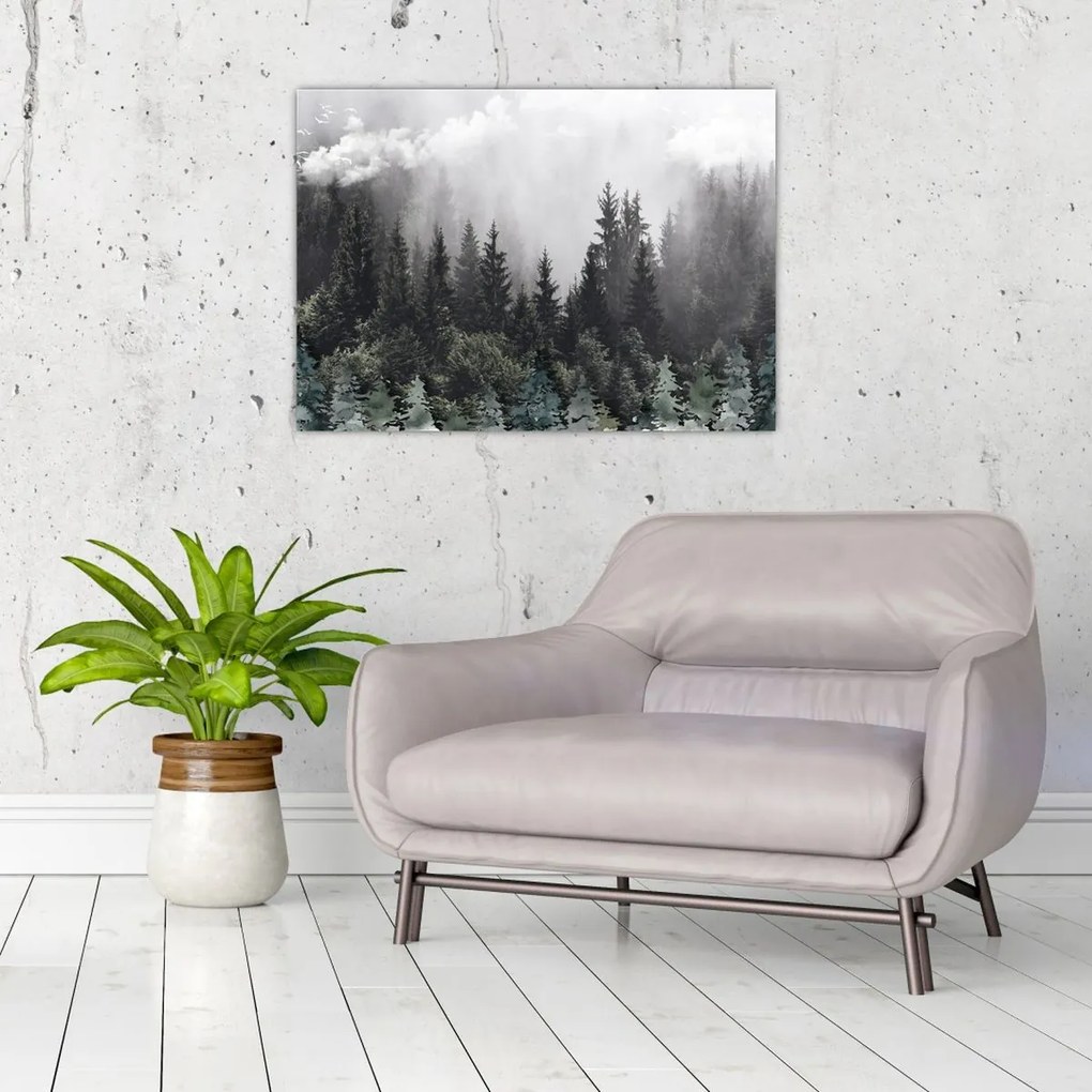 Tablou pe sticlă - Pădure cu elemente ilustrate (70x50 cm)