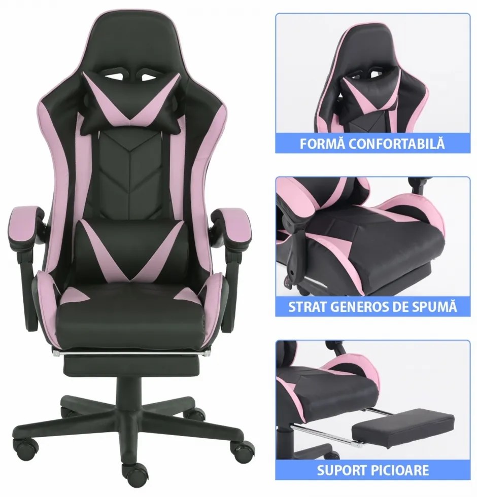 Scaun gaming, masaj în perna lombară, suport picioare, piele ecologica, Negru/Roz