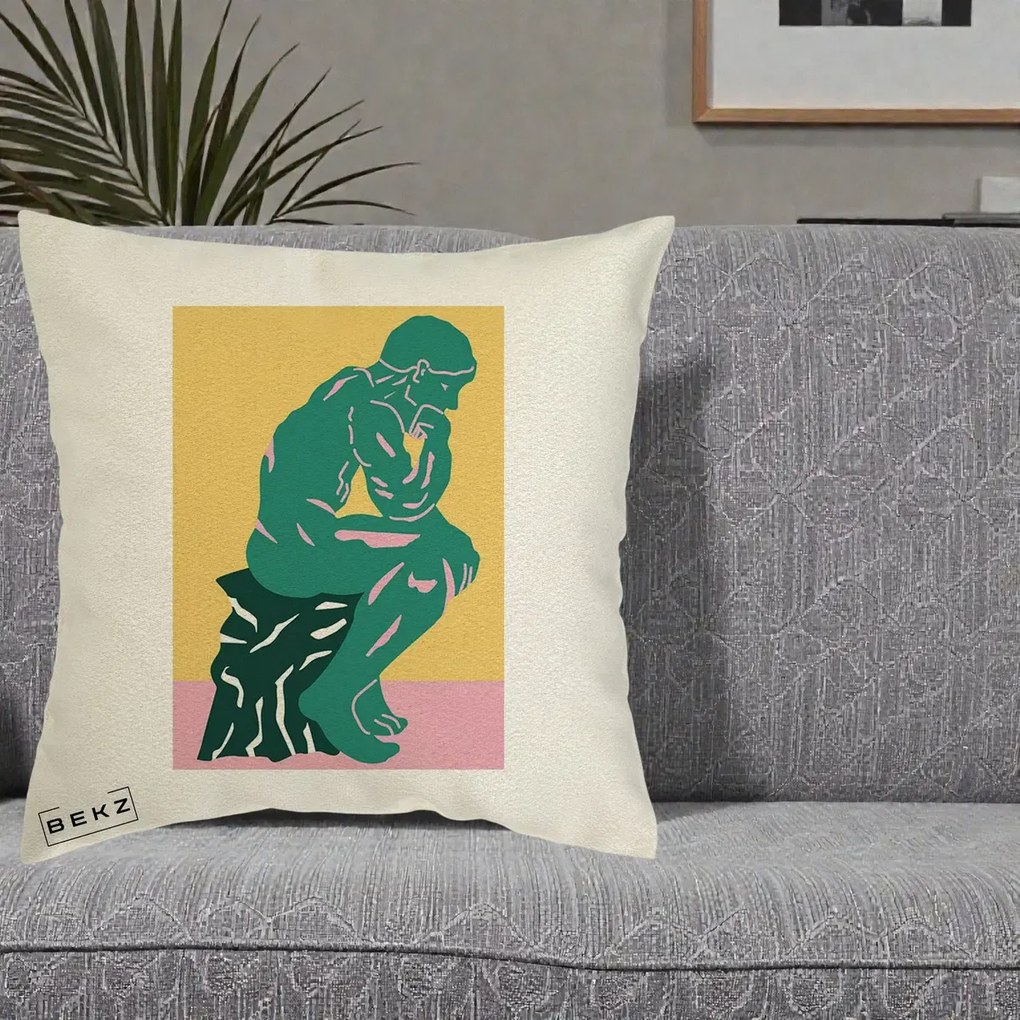 Perna Decorativa Ganditorul Sculptura Pop Art, 40x40 cm, Ecru, Husa Detasabila, Perna Inclusa, BEKZ®
