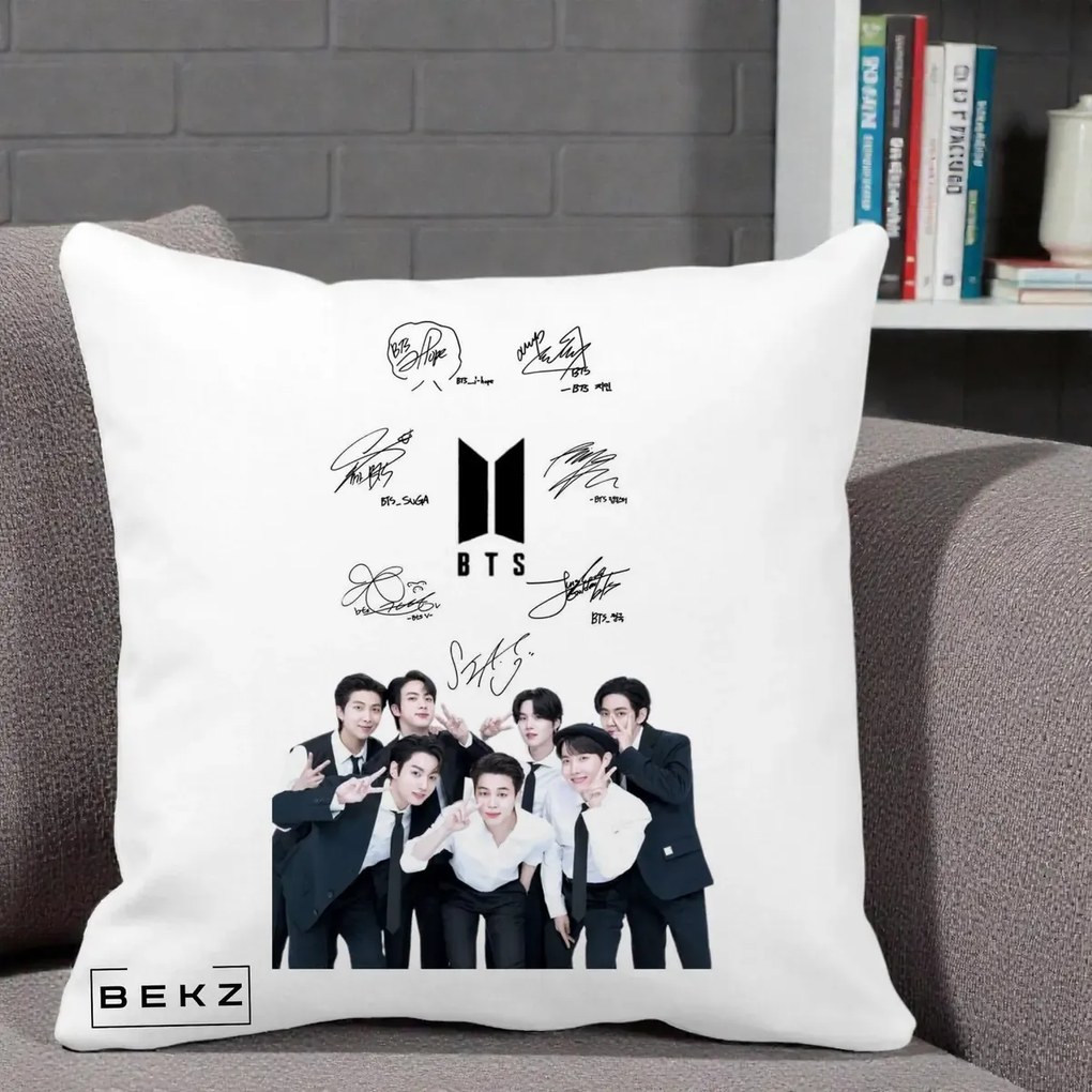 Perna Personalizata K-pop BTS Autografe Toti Membrii cu Fotografie, 40x40 cm, Alba Mata, Husa Detasabila, Perna Inclusa, BEKZ®
