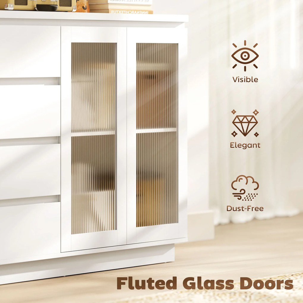 HOMCOM Bufet din Lemn cu 4 Sertare și Dulap cu Uși de Sticlă și Rafturi Reglabile, 120x40x91 cm, Alb | Aosom Romania