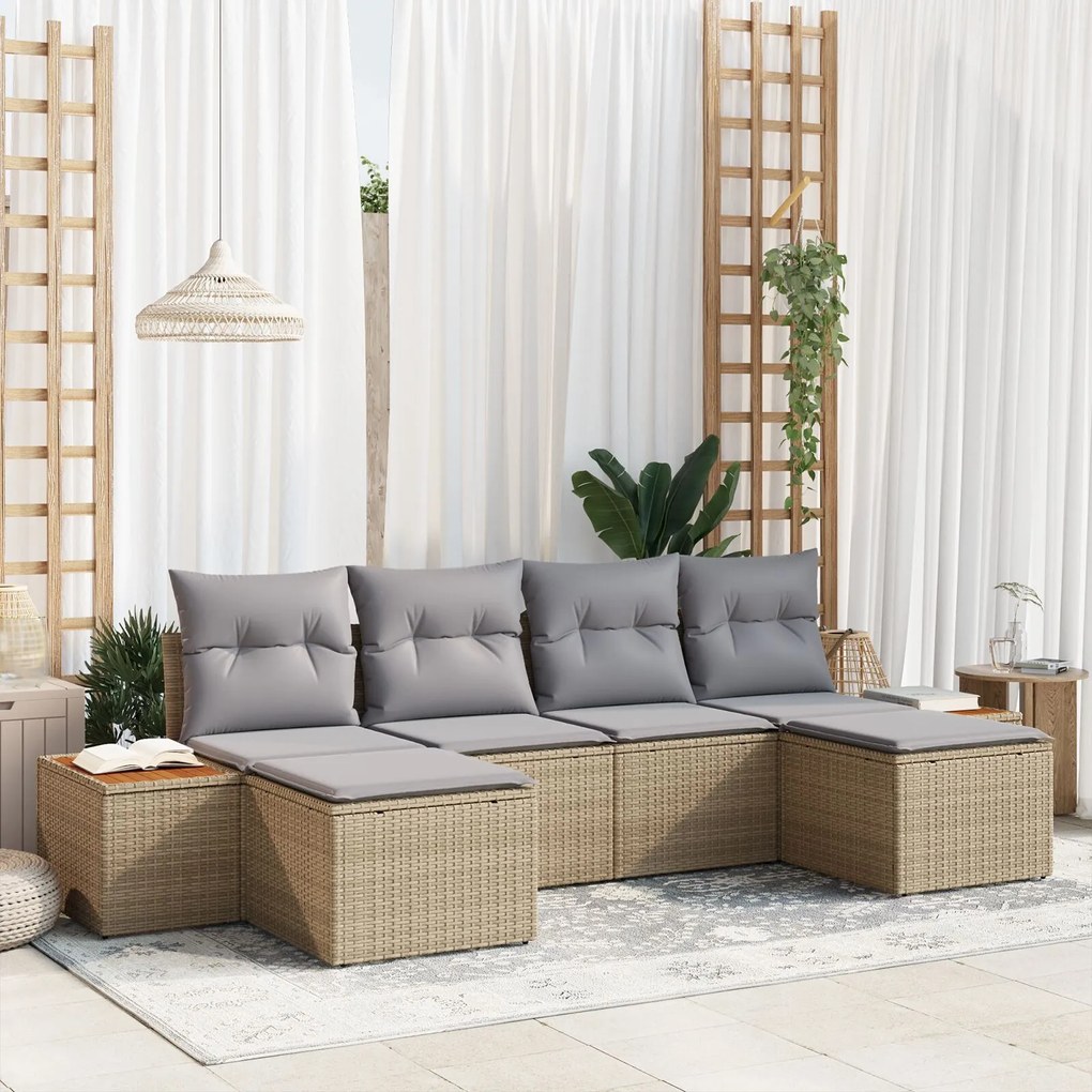vidaXL Set de canapea pentru grădină 6 piese cu perne Bej Ratan Poliester Acacia