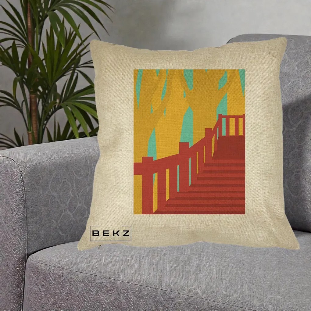 Perna Decorativa Scari Toamna Peisaj Grafic, 40x40 cm, Crem, Husa Detasabila, Perna Inclusa, BEKZ®