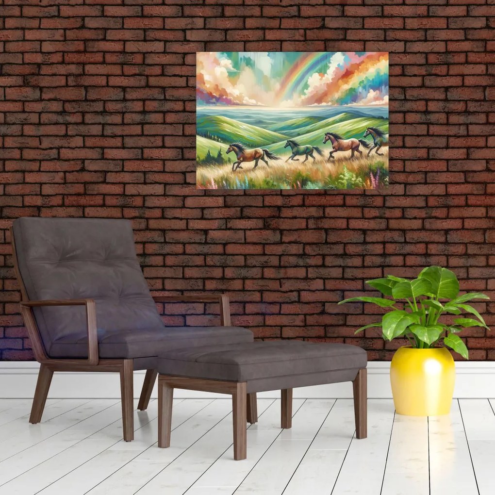 Tablou pe sticlă – Cai galopând prin peisaj (70x50 cm)