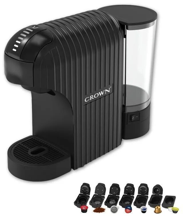 Espressor cu capsule 7in1 Crown CCM-1530B, 1400 W, 20 bar, 0.9 L, 7 adaptoare, Indicatoare LED, Controlul lungimii cafelei, Negru