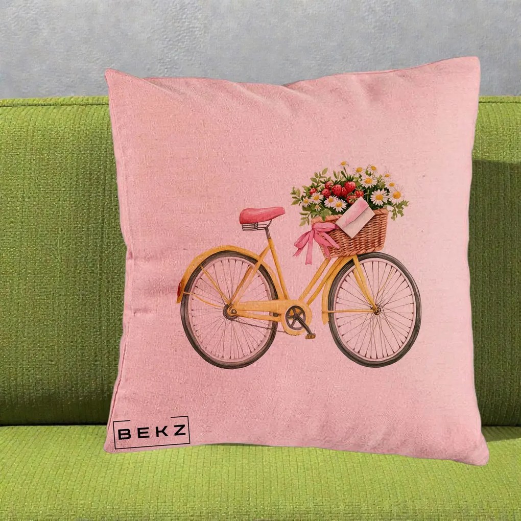 Perna Decorativa Bicicleta Galbena cu Cos de Flori Primavara, 40x40 cm, Roz, Husa Detasabila, Perna Inclusa, BEKZ®