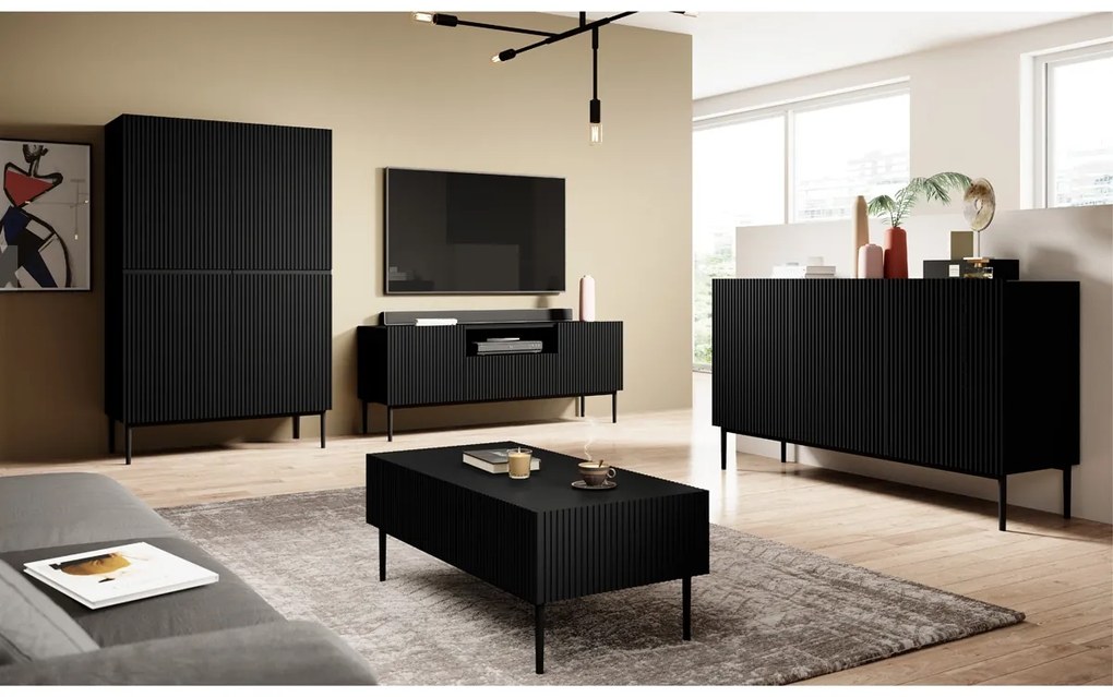 Comodă TV cu sertar și nișă Nicole 150 cm - negru mat / picioare negre