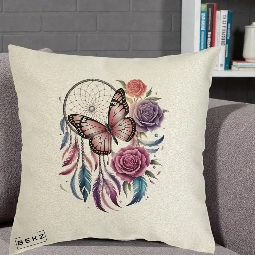 Perna Personalizata Prinzator de Vise cu Fluture si Trandafiri, 40x40 cm, Ecru, Husa Detasabila, Perna Inclusa, BEKZ®
