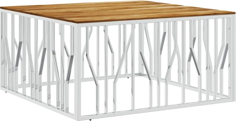 vidaXL Măsuță de cafea, argintiu, oțel inoxidabil și lemn masiv acacia